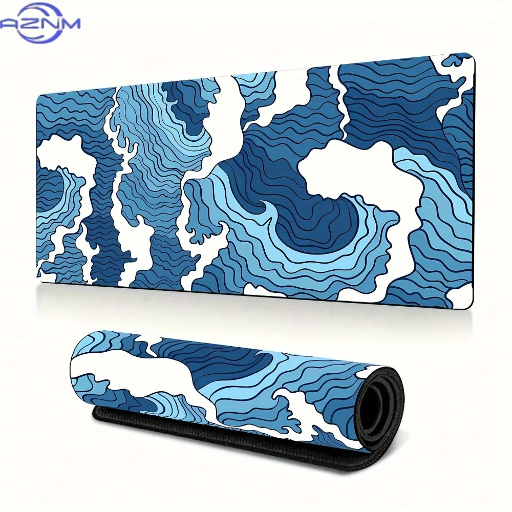 Blue White Wave Graphic Gaming Mouse Pad Large Mouse Pad With Stitched Edges Non-Slip PC Keyboard Pad For Office And Home