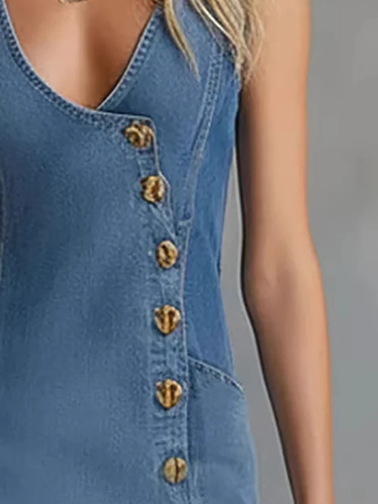 

Women's Elegant Denim Maxi Dress Sleeveless V-Neck Button Down High Slit Vintage Dress For Female High Street Chic Long Dresses