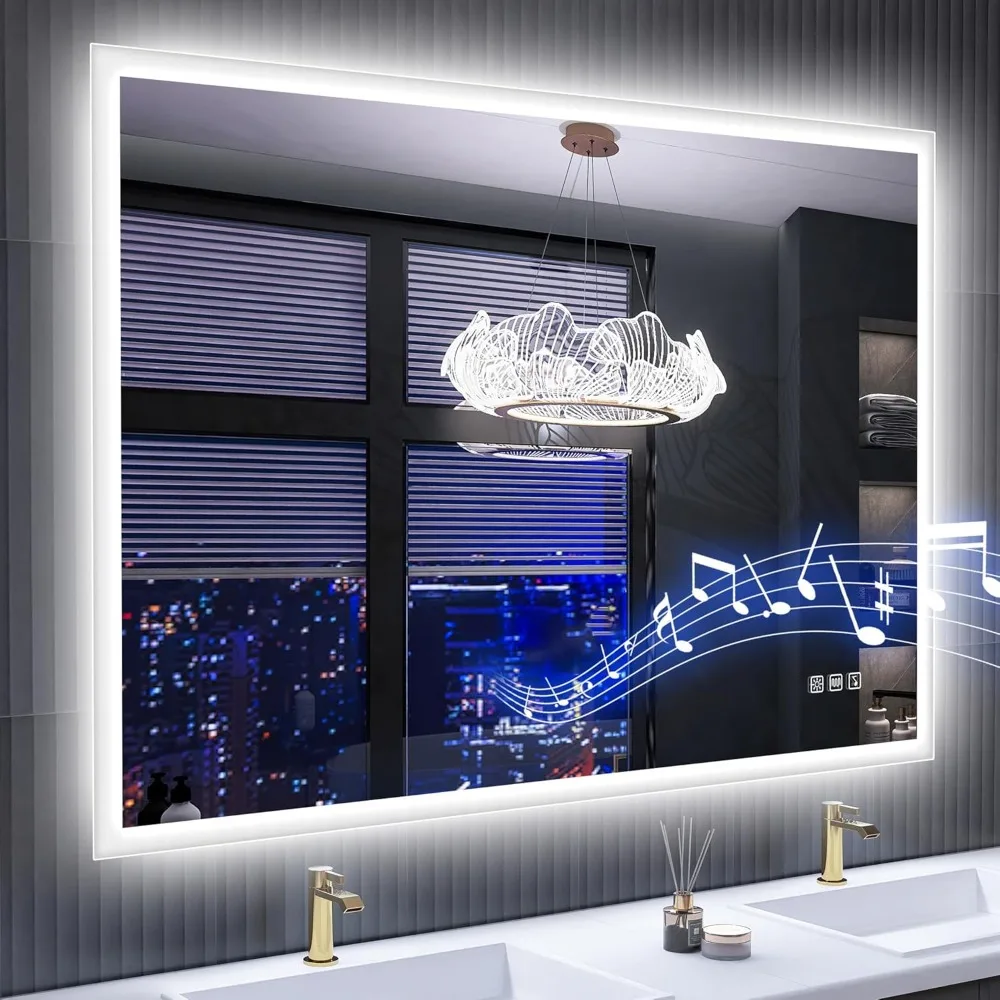 

36''x28'' LED Bathroom Mirror with Lights, Bathroom Vanity Wall Mirror with Bluetooth, Anti-Fog, Stepless Dimmable, 3 Col