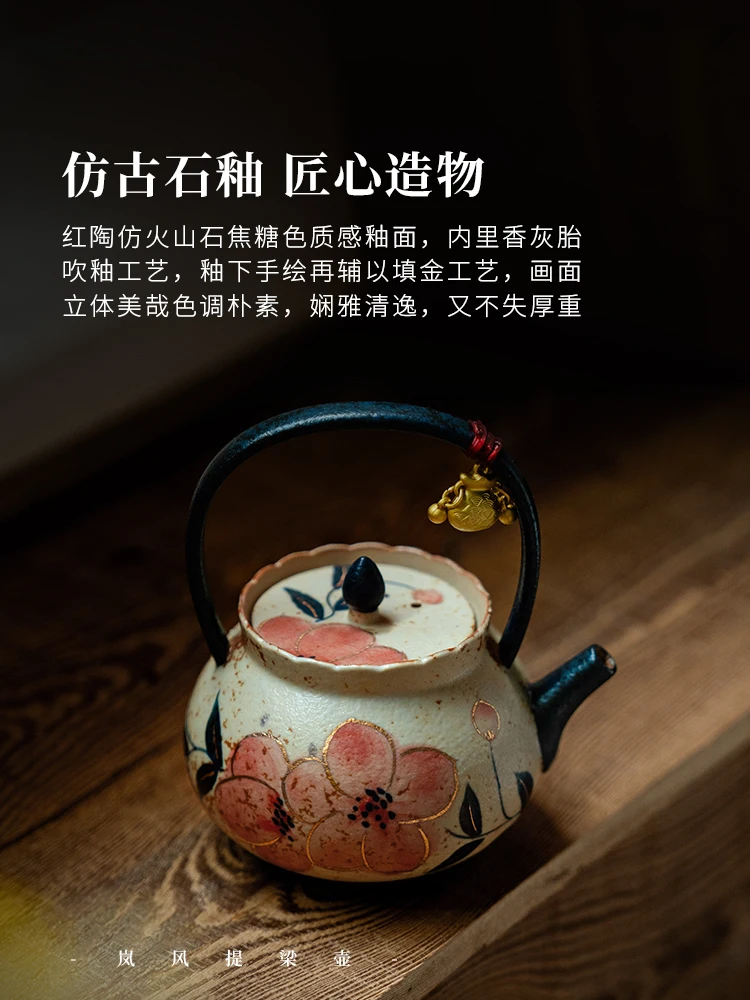 Blue and White Firestone Red Pure Hand Drawing Peach Blossom Loop-Handled Teapot Household Ceramic Single Set