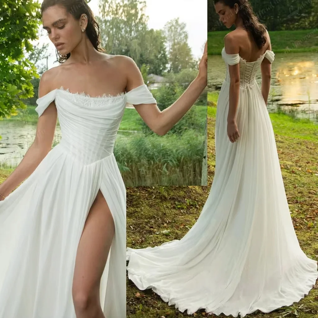 2026 Off Shoulder Chiffon Wedding Dresses a Line Bridal Gowns Lace Up Back High Slit Flowing Train Boho Beach Style Bride Dress