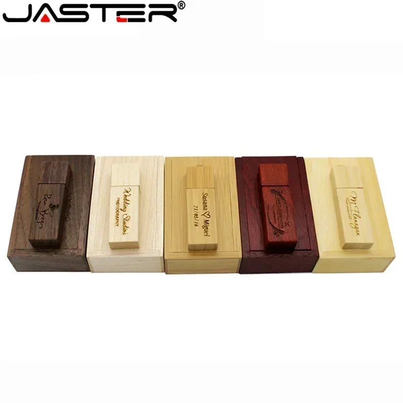 JASTER USB 2.0 Drewniane pudełko Pendrive 16GB Pendrive 128GB 64GB 32GB 8GB 4GB Fast Speed Memoria Micro Stick 1PCS Darmowe logo