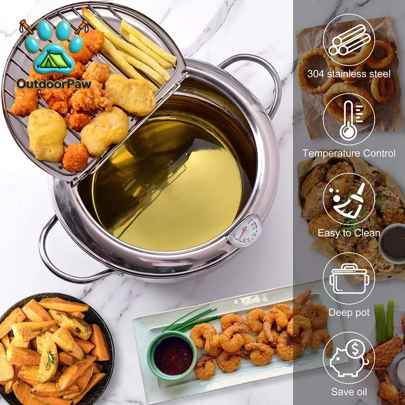 LMETJMA Japanese Deep Frying Pot with a Thermometer and a Lid 304 Stainless Steel Kitchen Tempura Fryer Pan 20 24 cm KC0405