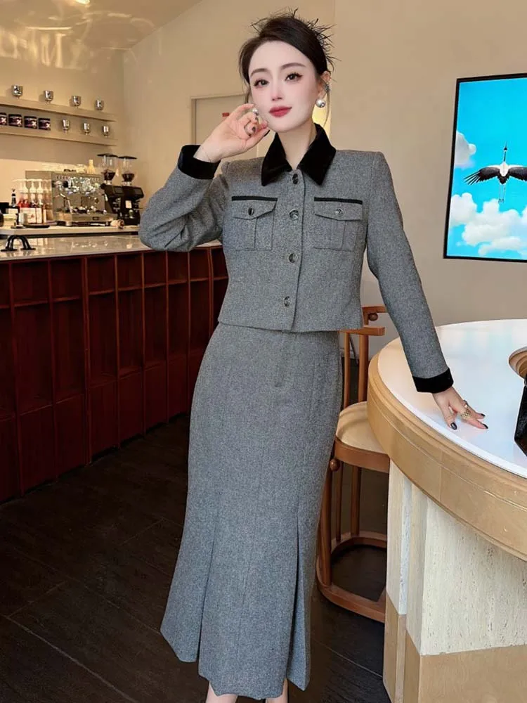 ZJYT Autumn Winter Woolen Jacket Suit with Skirt 2 Piece Matching Set for Women Elegant Long Sleeve Grey Outfit Midi Dress Sets