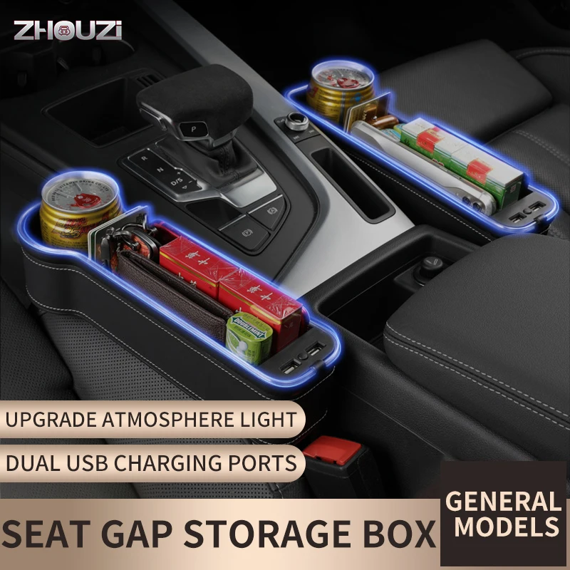 Usb Charging Port Car Seat Crevice Storage Box Organizer Gap Pocket LED Light Car Seat Box Stowing Tidying Car Accessories