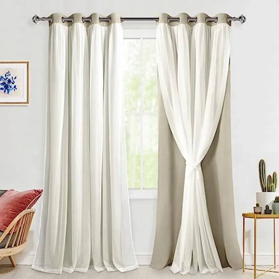 

out Curtains with White Sheer Overlay, Double Layer Mix and Match Thermal Insulated Room Darkening Curtains for Girls Bedroom,