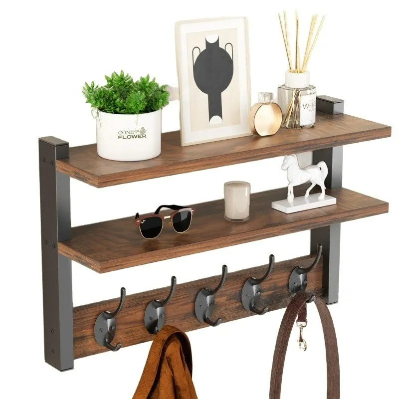 Factory Direct 2026 Wooden Wall Coat Rack Multi-layer Entrance Shelf Wall Storage Rack Key Hat Display