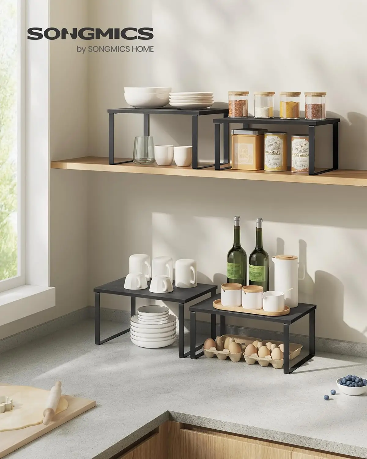 SONGMICS Estante para Especias, Juego de 2, Organizador de Armario, Estante de Almacenamiento de Cocina Extensible, Especiero de Metal y Madera de Ingeniería, Negro Ébano y Negro