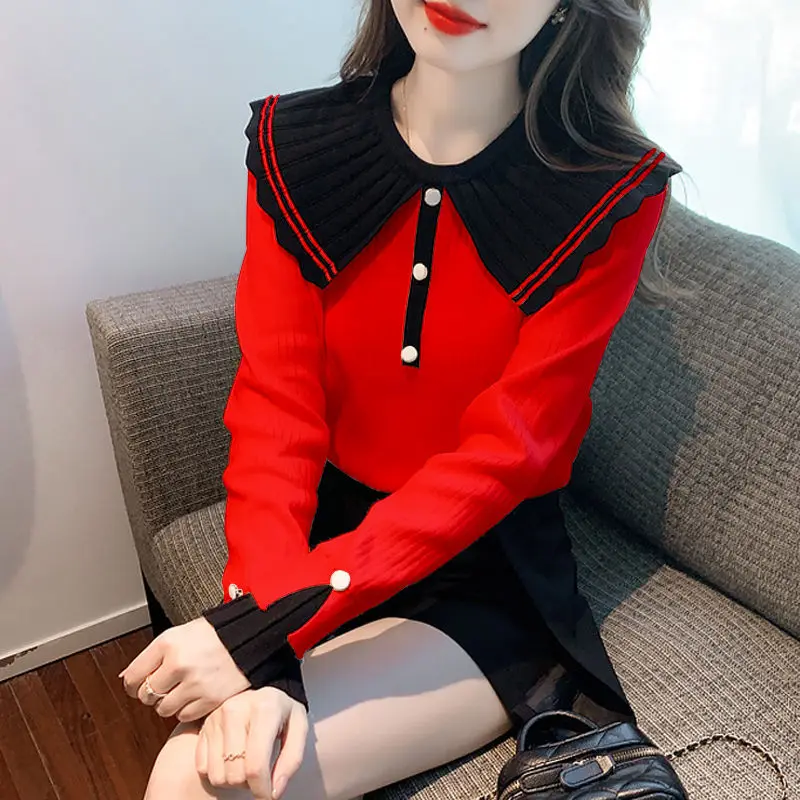 

Новые весенние свободные универсальные топы, трикотажные повседневные рубашки, милые корейские блузки с воротником Питера Пэна и пуговицами, женская одежда 2025