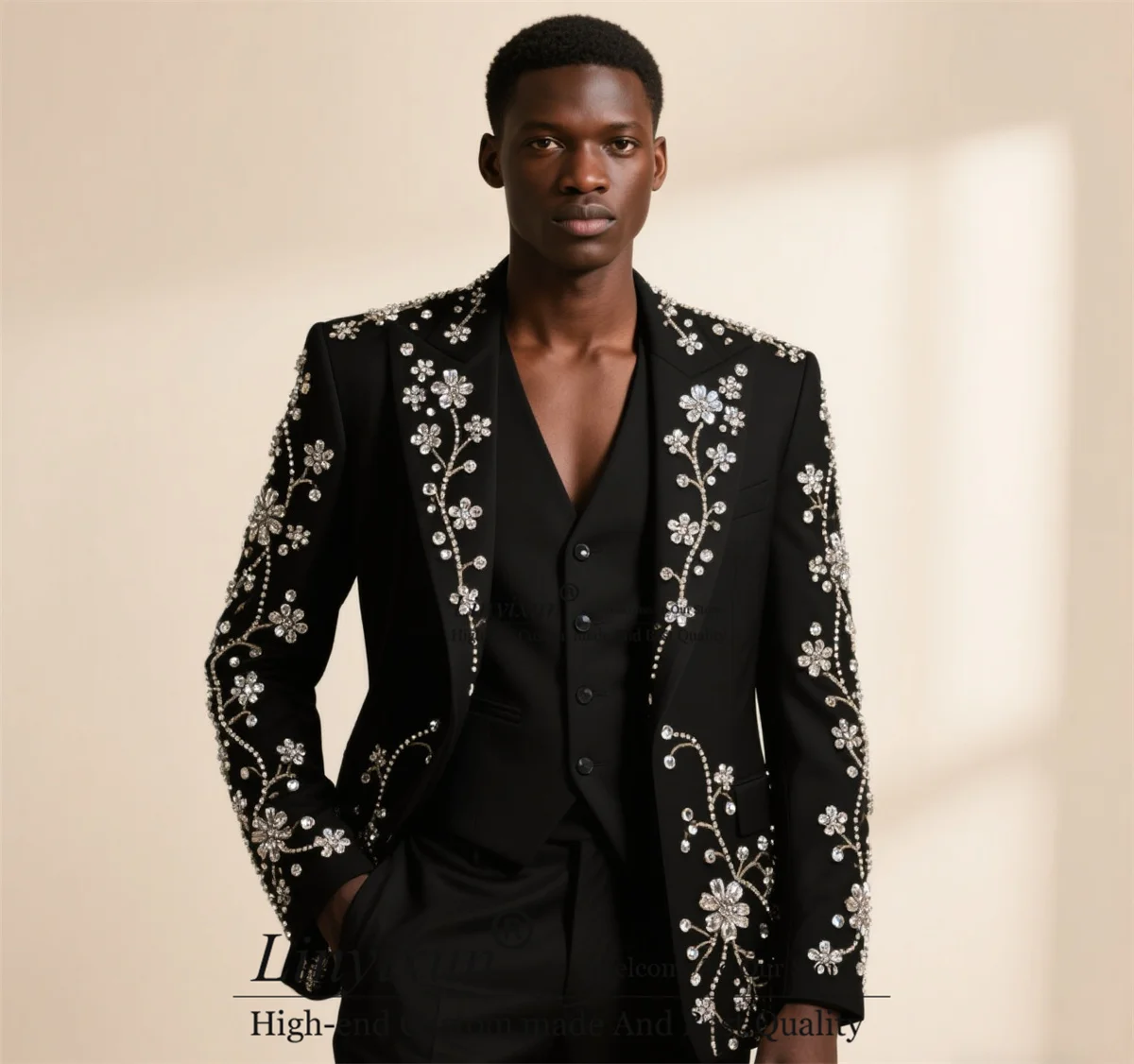 

High End Rhinestones Crystals Tuxedo Men Suit Customized Slim Fit Groom Wedding Costume Homme 3 Piece Sets Male Prom Blazers