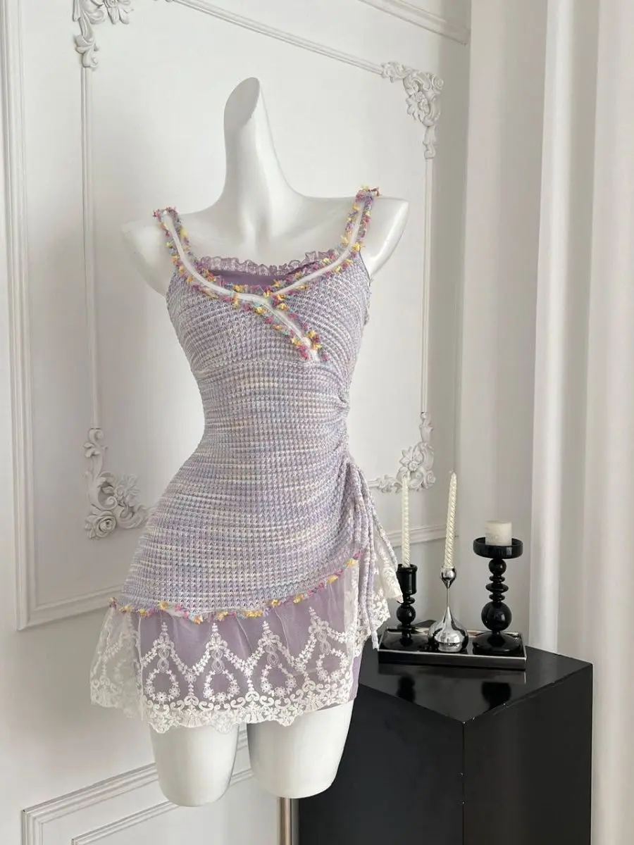 Letni, wyszczuplający komplet z koronki: dzianinowa narzutka, fioletowy, z paskiem, dwuczęściowy, seksowny, słodki, stringi, na co dzień, do pracy.