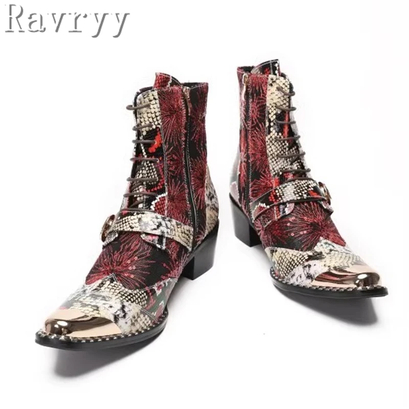 Men Chelsea Boots Metal Square Toe Belt High-Heeled Short Western Cowboy Boots Genuine Leather Printing Stage Show Party Boots