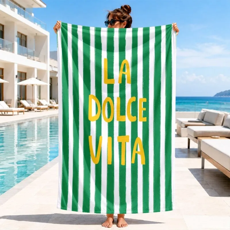 Limoncello Label Striped Style Green White Stripe Lemon Bottle Glass La Dolce Vita Label Print Quick Dry Summer Beach Towel