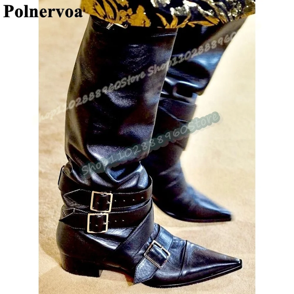 

Over The Knee Black Buckle Strap Pointy Leather Boots Flats Shoes For Women Slip On Pointed Toe Fashion Party Zapatos Para Mujer