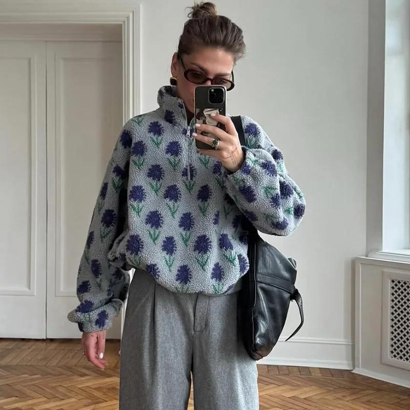 

Ticketsx Women Printed Lamb Fur Hoodies Vintage Fashion Floral Contrast Loose Pullover Fall Winter Casual Street Office Hoodies