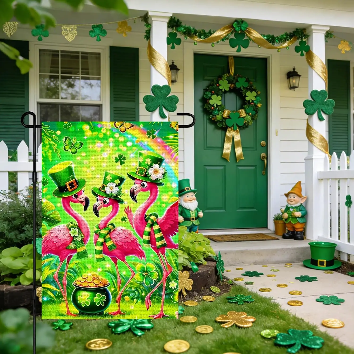 IVN St Patricks Day Irish Flamingos Garden Flag 12x18 Pink Flamingo Trio Leprechaun Hats Green Scarves Shamrock Pot Of Gold  ZZM