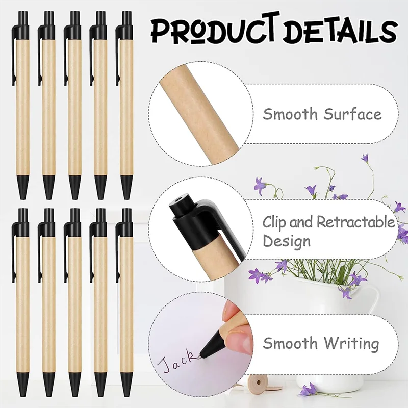 

J1UL1N 200 Piece Black Ballpoint Pens Medium Point Retractable Pens Ecofriendly Pens Recycled Kraft Paper Pens Bulk Office Schoo