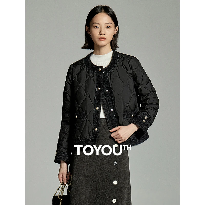 

Toyouth Women Down Jacket 2023 Winter Long Sleeve Round Neck Loose Thick Coat Elegant Advanced Black White Warm Outwear Tops