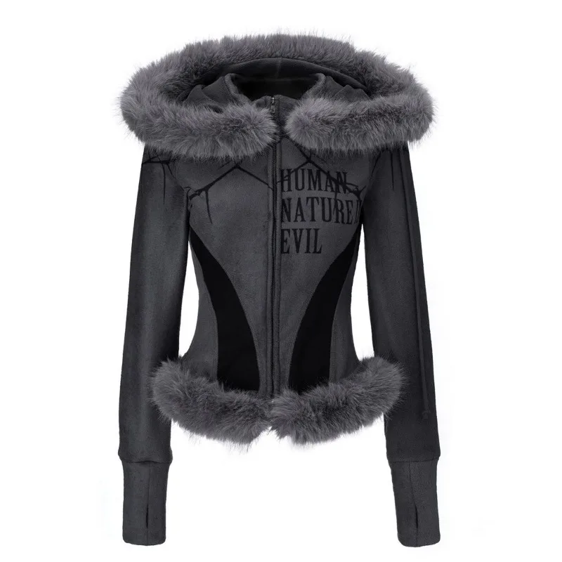 

Y2K Rock Punk Motorcycle Fleece Long-Sleeve Hooded Sweatshirt Jacket Grunge Fur Collar Subculture Slim Top Harajuku Short Top