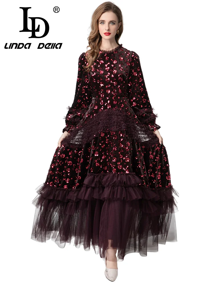 LD LINDA DELL شبكة شفافة مستديرة الرقبة طويلة الأكمام فستان مأدبة مثير المخملية النسيج زهرة الربط فساتين راقية