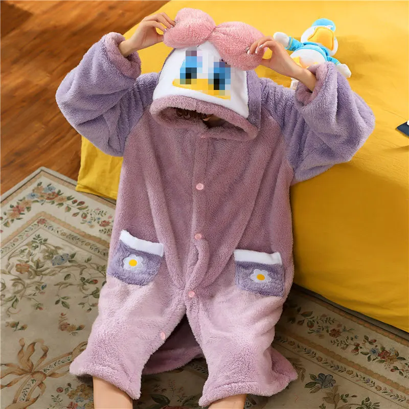 

Cartoon Animal Duck Cosplay Robes Women Hooded Bathrobe With Pocket Thick Warm Autumn Winter Lady Nightgown Pajama