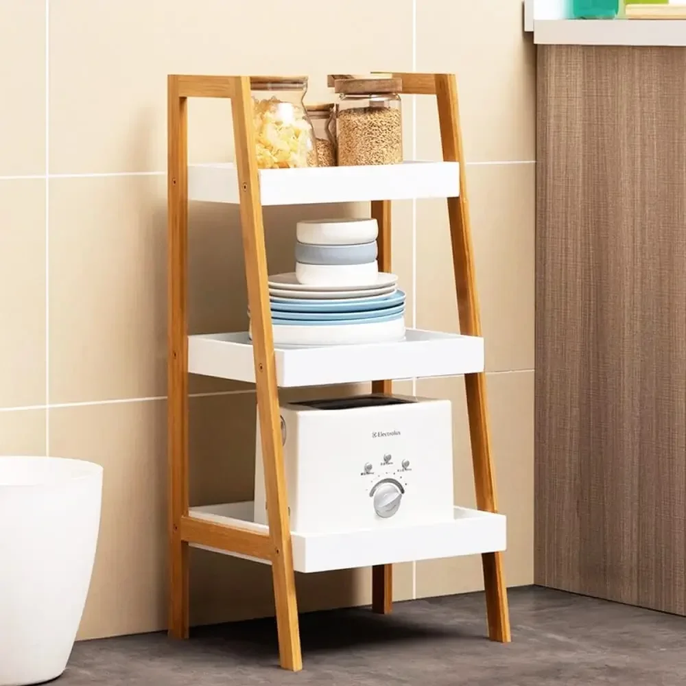 Formwell Ladder Storage Shelves Unit, Bamboo Frame with MDF Tray Shelf, Free Standing Storage Rack