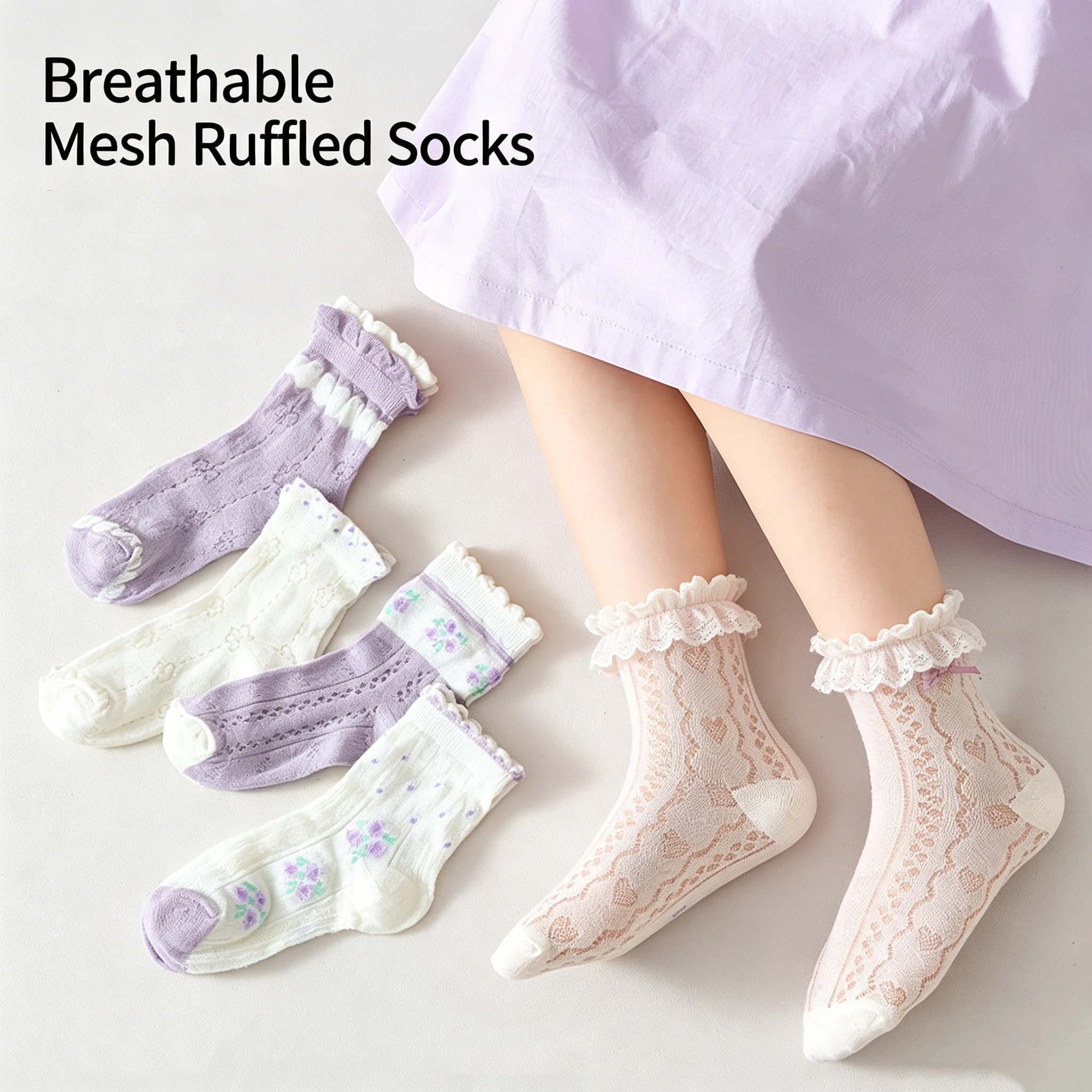 5Pairs Kids Girls Mesh Ruffle Crew Socks Purple Floral Bow Breathable Elastic Frilly Princess Children Socks Spring Summer