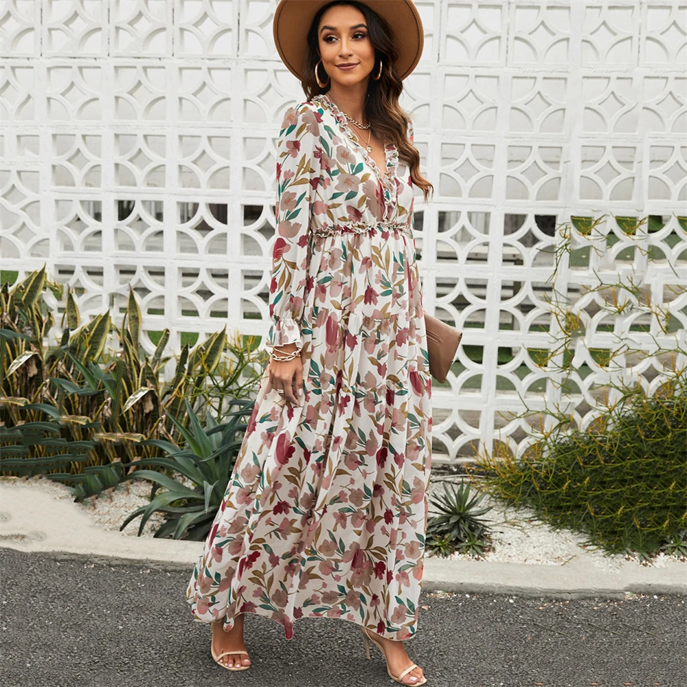 Fashionable V-neck Chiffon Floral Long-sleeved Dress For Women,Muslim Loose And Casual Chiffon Long Dress For Women