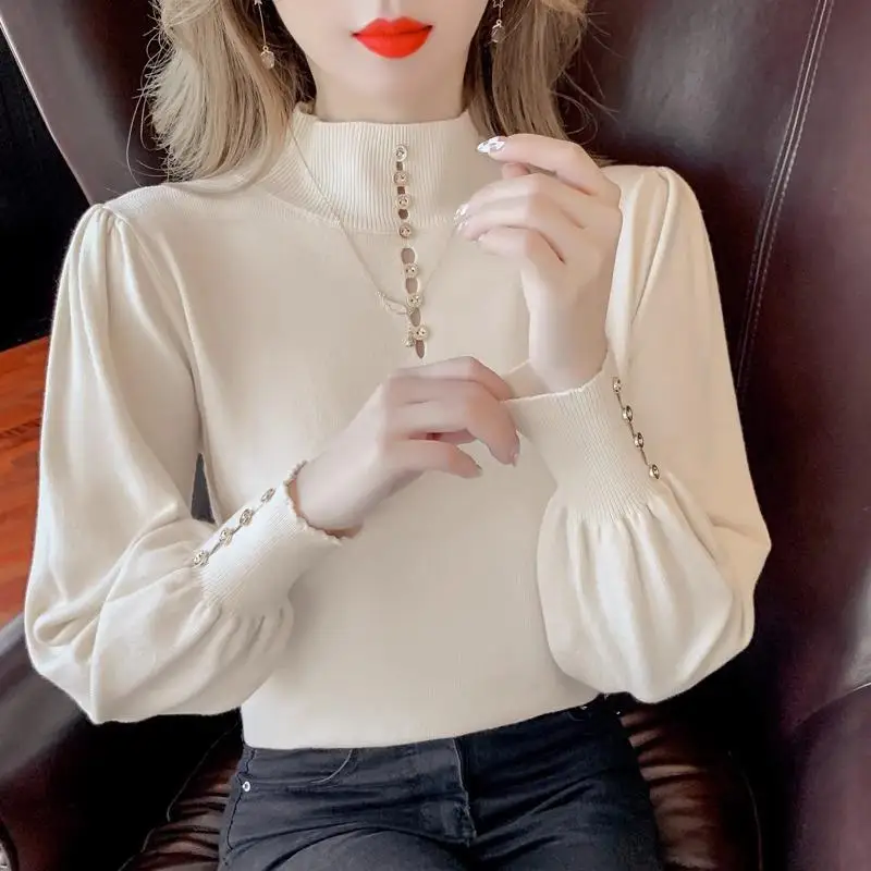 

Elegant Long Sleeve Knitted Sweater Women's Bubble Sleeve High Collar Base Shirt Fashionable Autumn Winter Inner Wear Top