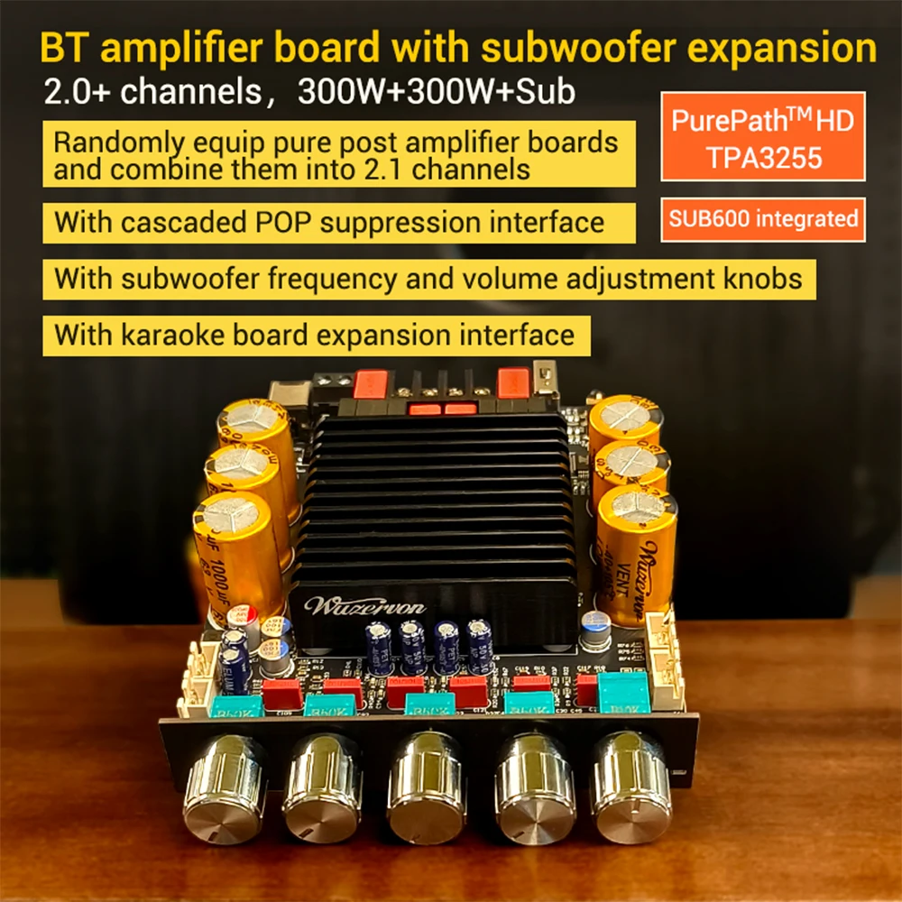 ZK-SUB600 DC 18-50V Bluetooth Amplifier Board with Subwoofer Extension TPA3255 Amplifier Chip  2.0+Channels Power 300W+300W+Sub