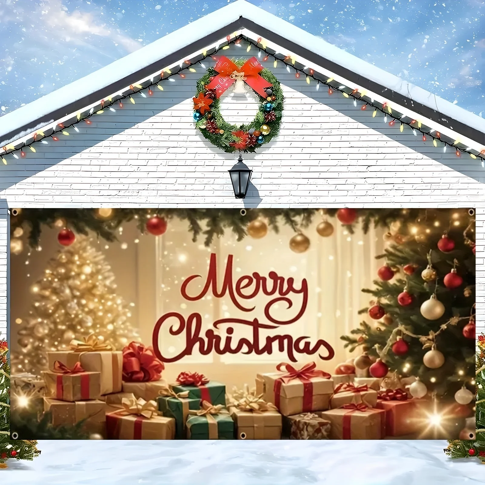 1 funda navideña de gran tamaño para puerta de garaje, fondo navideño, con árbol de Navidad, regalos y luces.