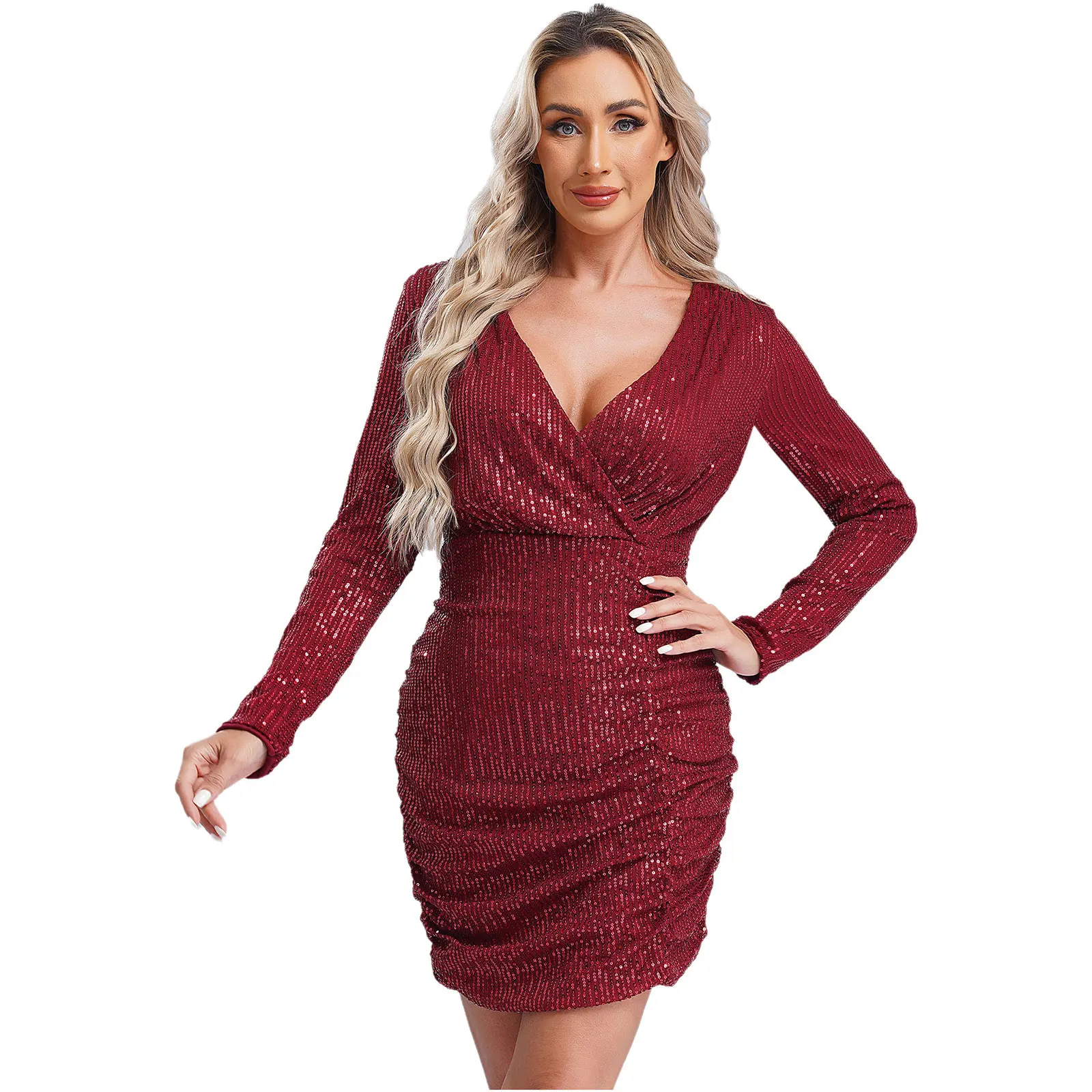 Womens avondjurk glitter pailletten mini-jurk sexy v-hals bodycon jurk elegante vrouw cocktails feestjurk vestido de fiesta