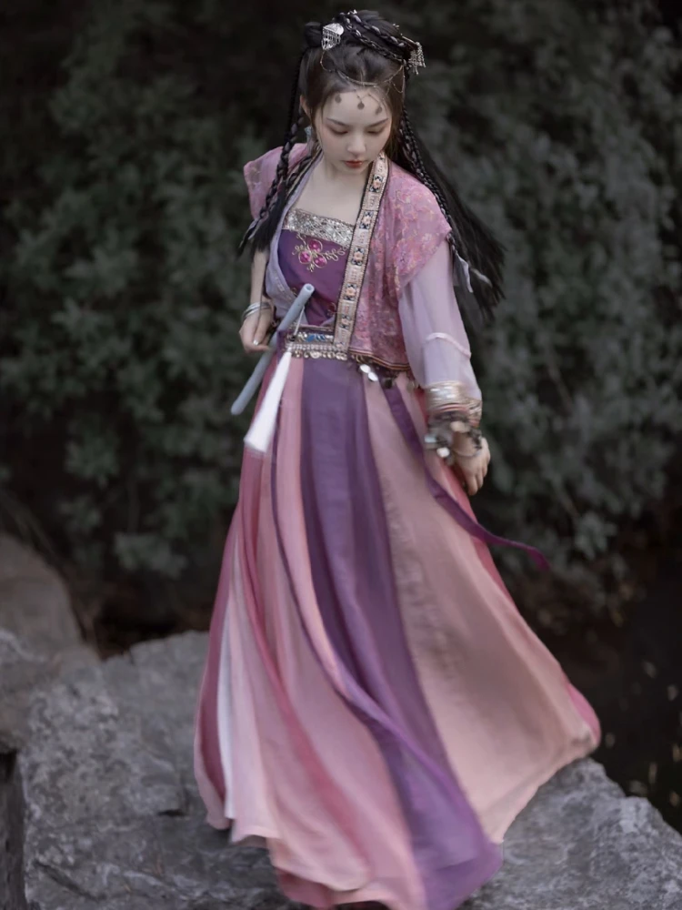 Hanfu الأرجواني الشيفون فستان طويل للنساء ، الدانتيل التطريز مع شرابة ، رائعة تنورة قصيرة ، الصيف ضوء ، تنفس النمط الصيني