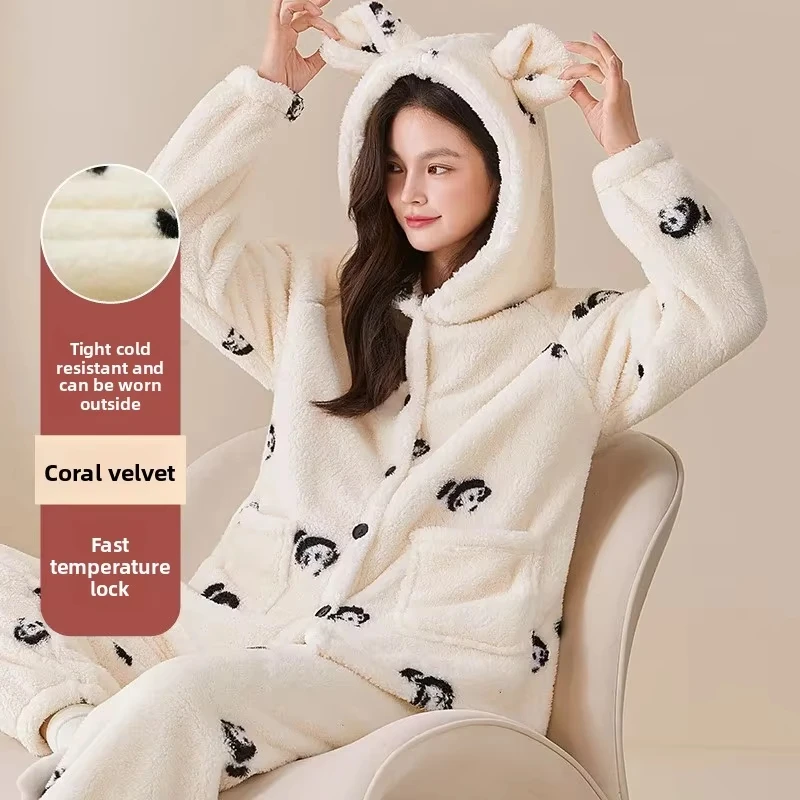 

Утепленные пижамы для девочек, домашняя одежда, коралловый флис с капюшоном, сохраняющая тепло, женская одежда для дома, ночная рубашка, осенне-зимний пижам, верхняя одежда