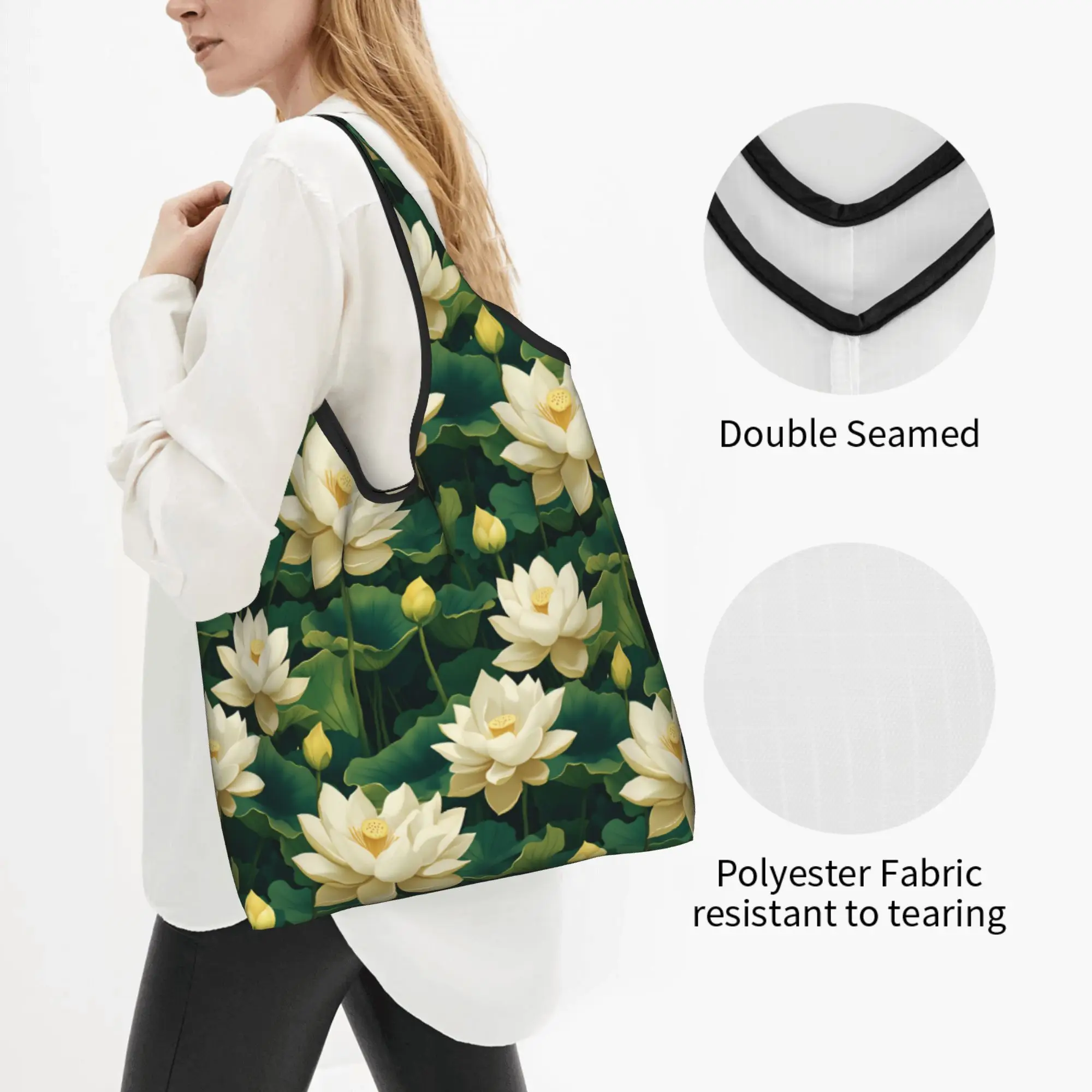 Fashion Printing Serene Lotus Bloom Shopping Tote Bag Portable Shoulder Shopper Nelumbo Nucifera  Handbag