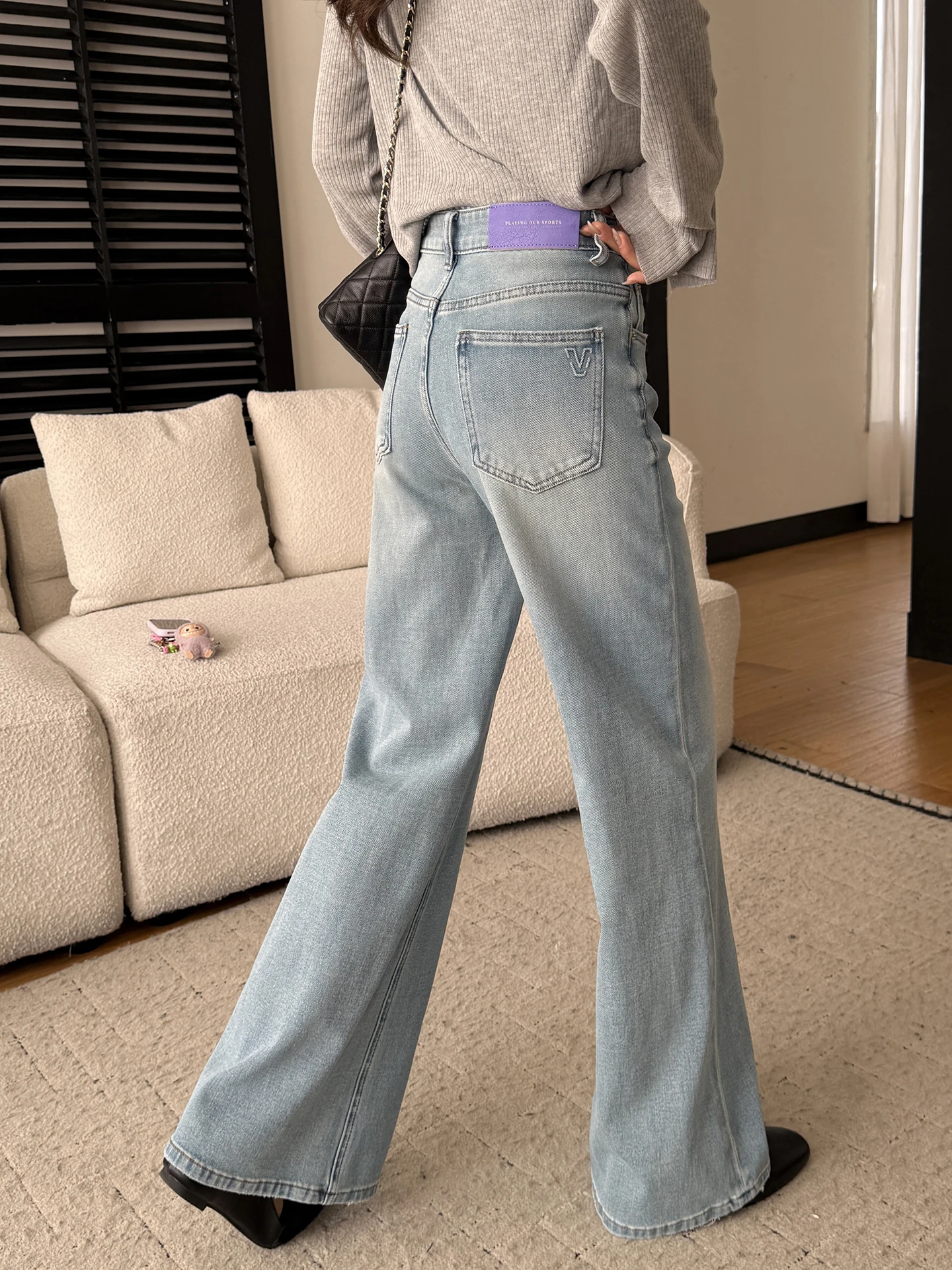 

Потрясающие светло-голубые джинсы-клеш для женщин, с высокой талией, прямые, свободные, широкие, в пол, весенняя новинка