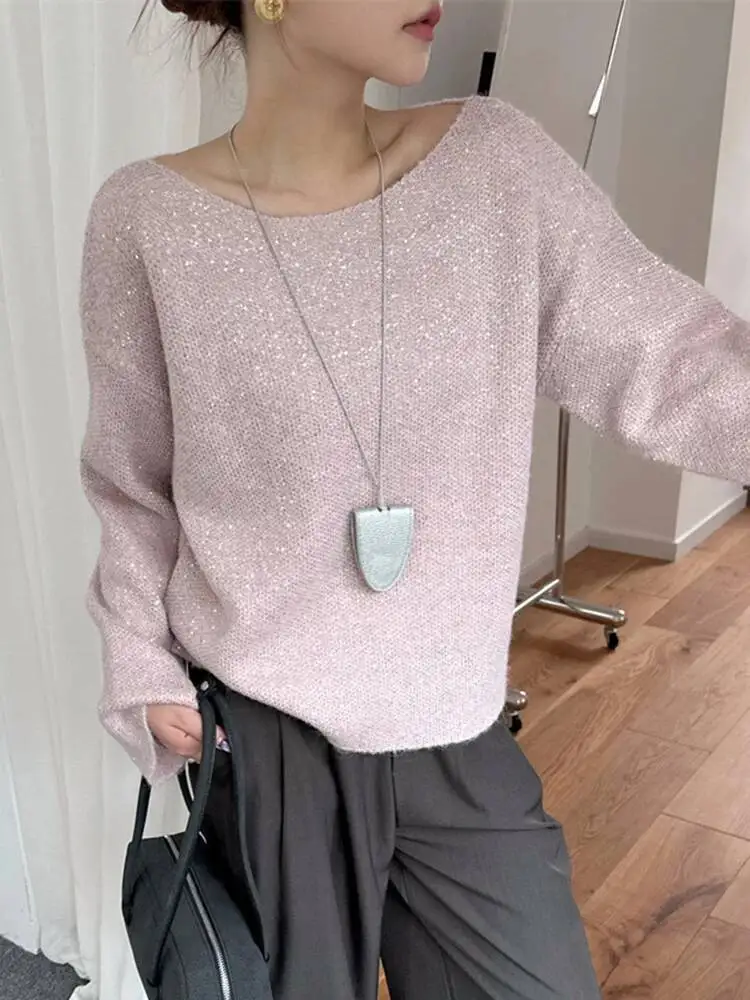 

Apricot Sequins Big Size Knitting Sweater Round Neck Long Sleeve Women Pullovers New Fashion Spring Autumn