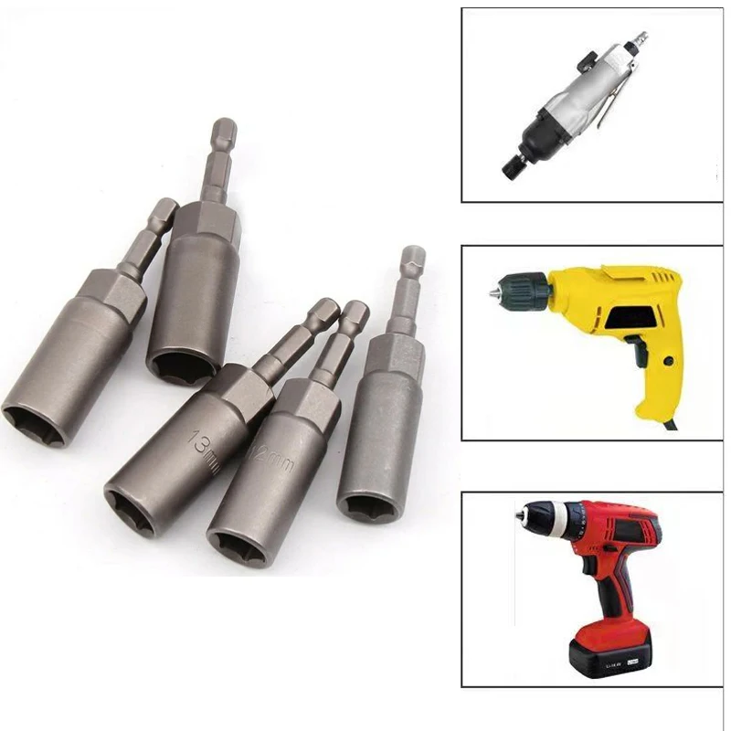 1Pcs 8 10 12 14 17 mm Length Universal Bolt Nut Driver Sockets Bit Set Deep Electric Wrench Socket 1/4 Hex Shank Tools