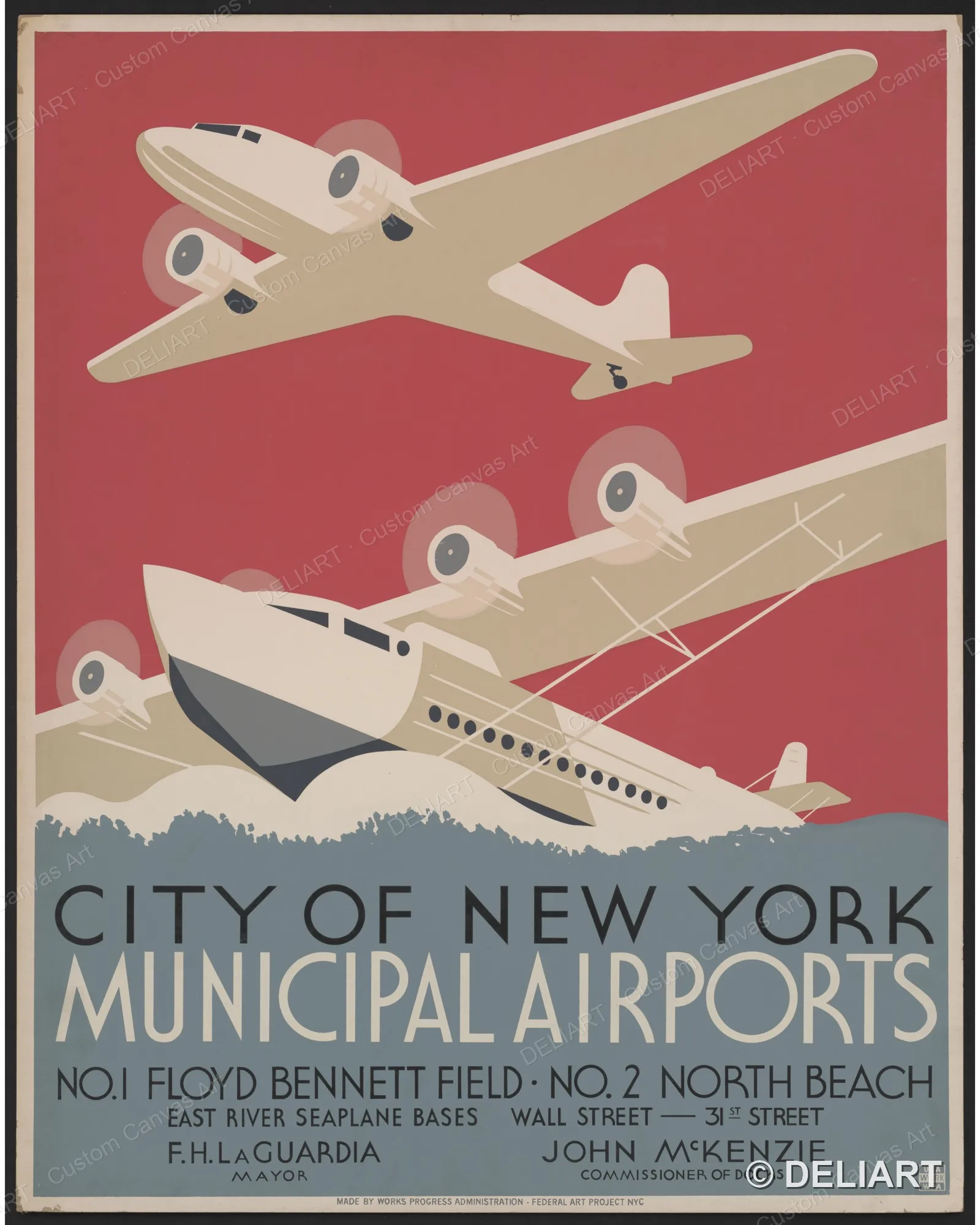City of New York municipal airports No Vintage WPA Canvas Wall Art Poster Print Retro 1930s Federal Art Project Unframed
