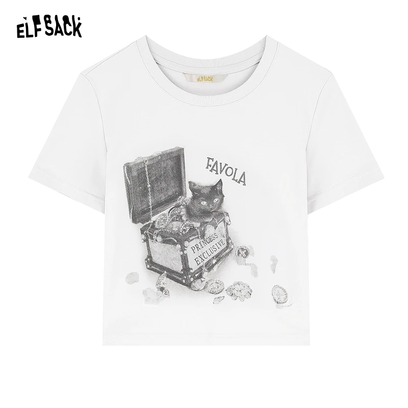 Imagem -06 - Elfsack-camiseta de Manga Curta para Mulheres Top de Algodão Fino com Gola Redonda e Impressão dos Desenhos Animados Garota Quente Verão 2024