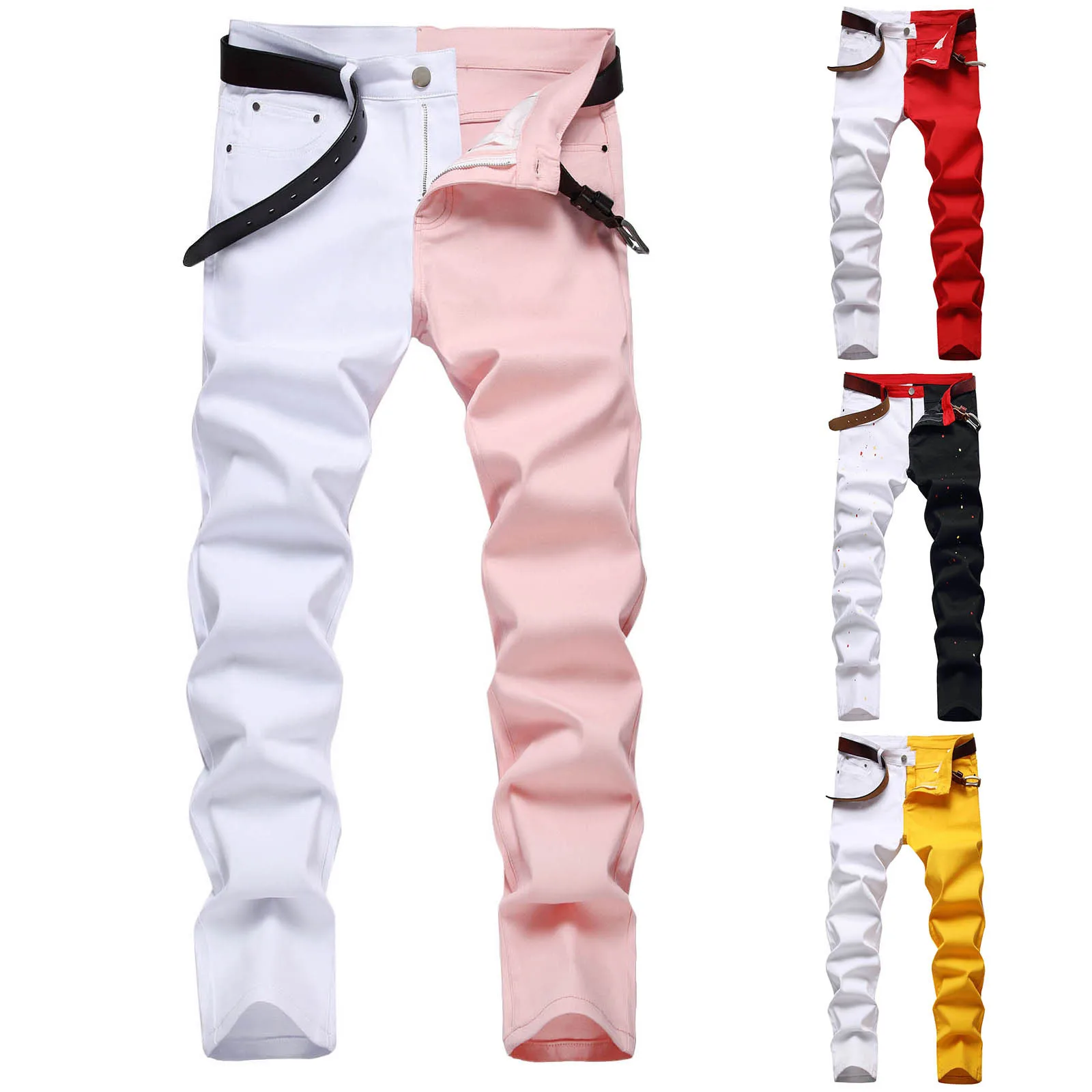 Men'S Two-Tone Color Matching Fashion Trend Jeans Slim Micro-Elastic Long Jeans Trend Personality Street Photo Pants Casual Pant