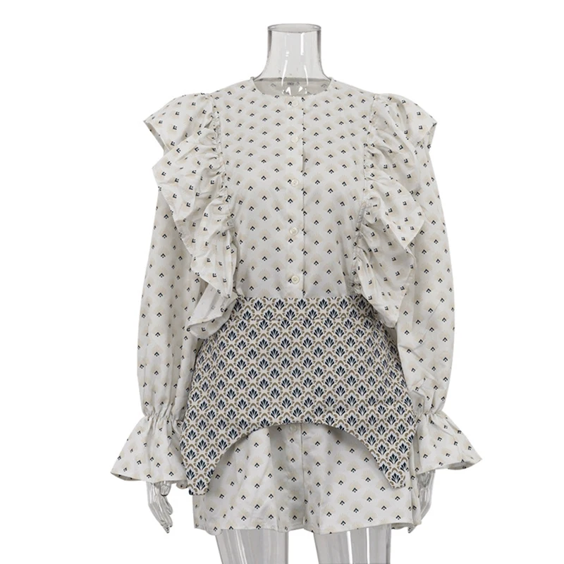 Tornova Ruffled Flowers Mini Dress Woman Flare Long Sleeve Shirt Dress With Waist Seal High Waist Slim Office Lady Casual Dress