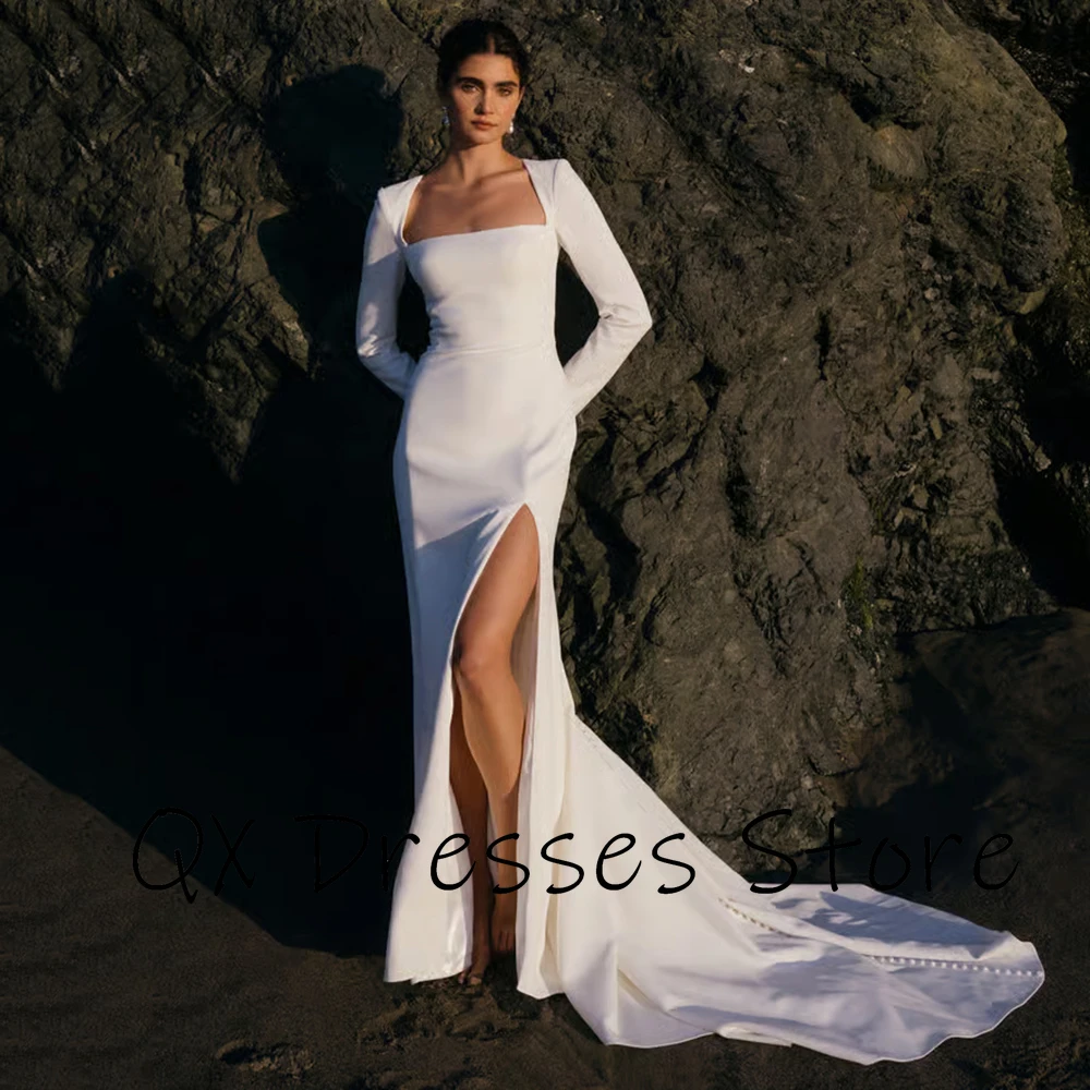 Aangepaste vierkante kraag witte jersey trouwjurk volledige mouwen sweep trein bruidjurk split a-lijn vloerlengte trouwjurk