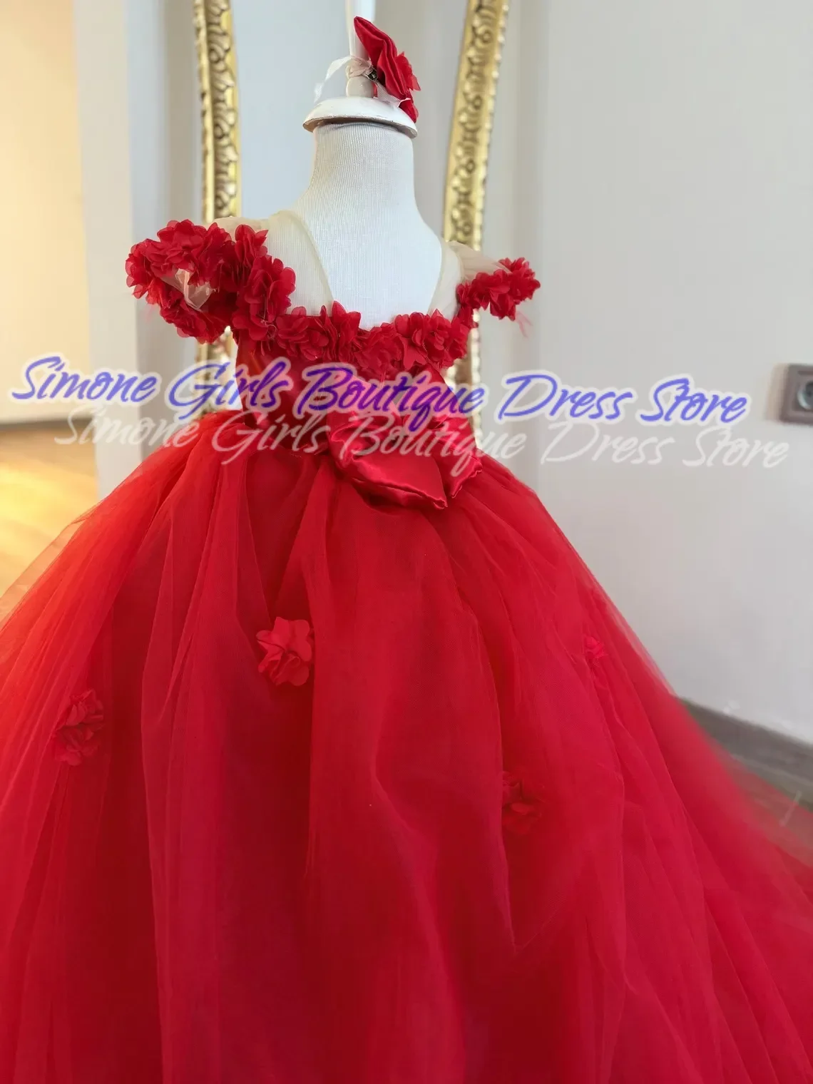 Appliques Bow Backless Red Dress Skirt Flower Girl Dresses for Dance Performances Holiday Celebrations Formal Receptions