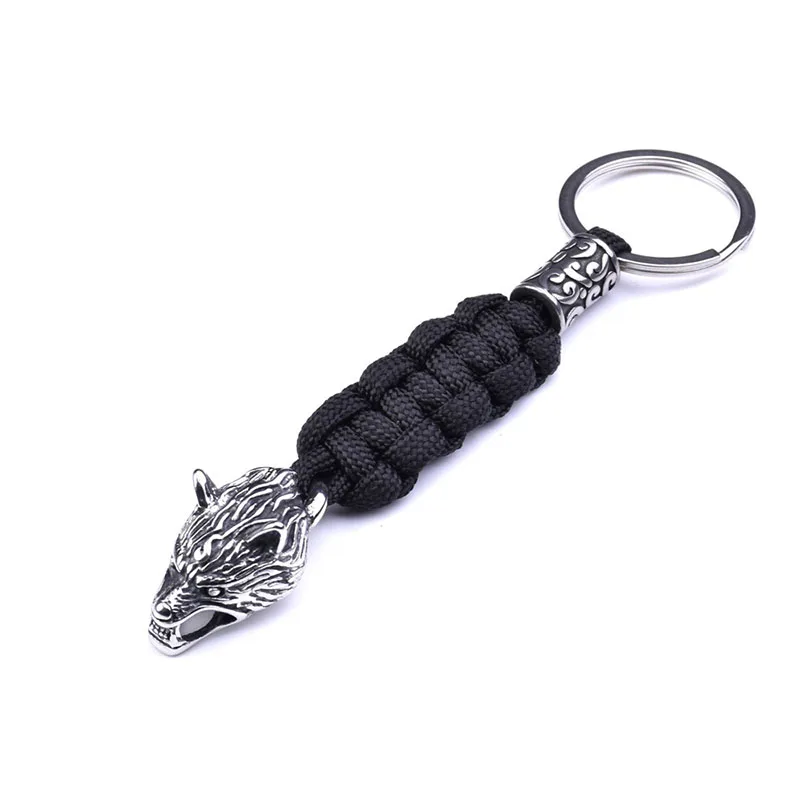 1Pc Stainless Steel Wolf Head Trinity Bead Diy Lanyard Viking Jewelry Survival Rope Keychain Handmade Womens Mens Paracord Ring