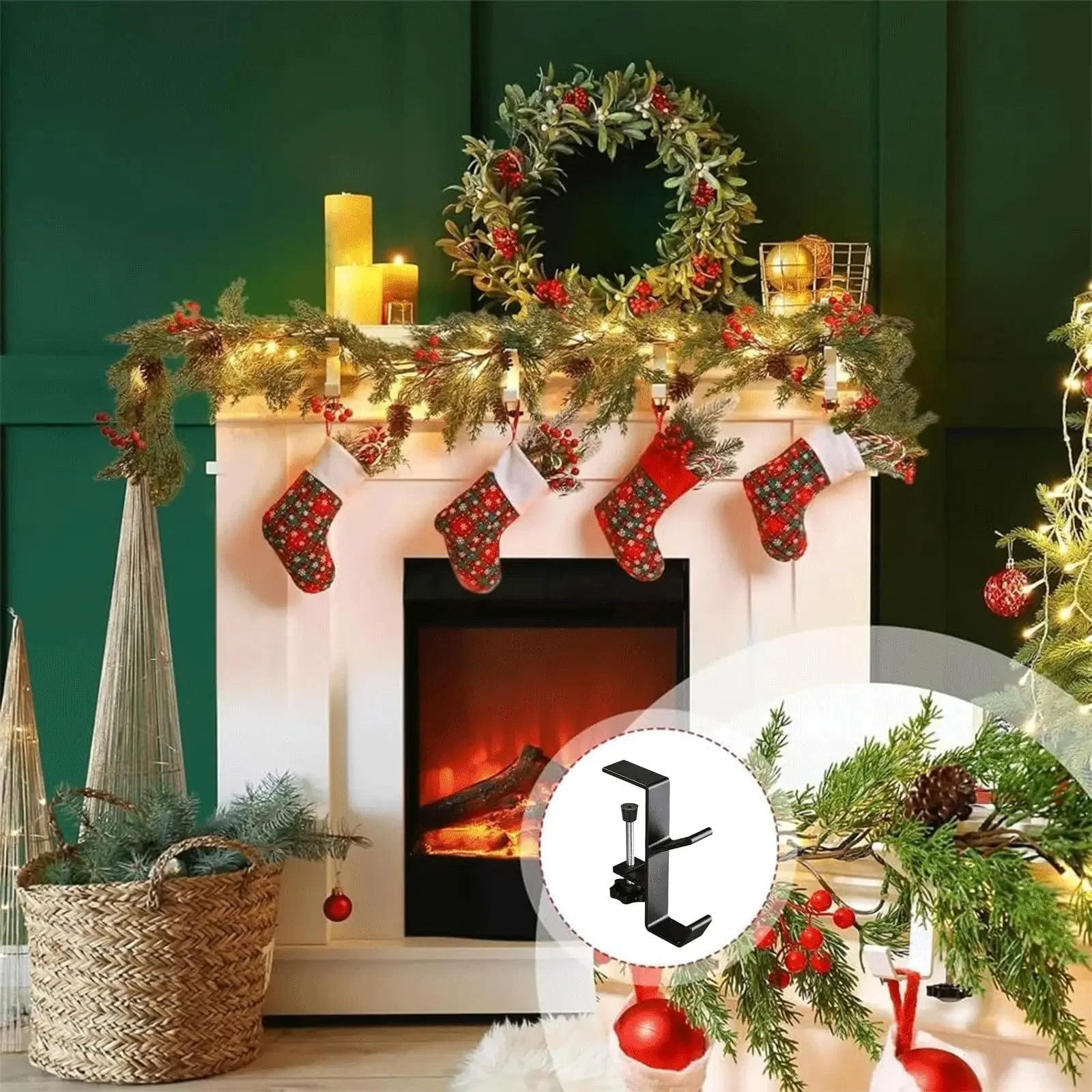 2 in 1 Garland Stocking Hangers No Drill Garland Fireplace Stocking Hanger Adjustable Heavy Duty Garland Hanger