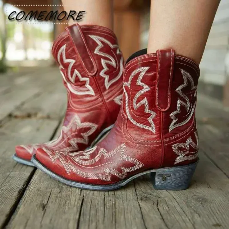 Embroidery Botas Mujer Leather PU Cowboy Ankle Boots for Women's Wedge High Heel Boots Snake Print Western Cowgirl Boots Autumn