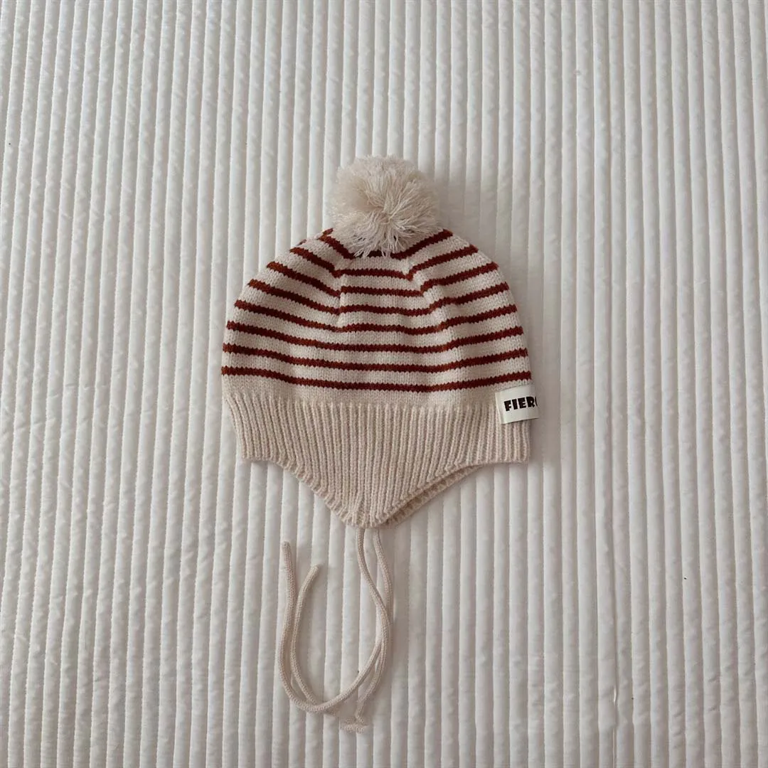 Cute Pom Kids Knit Hat 2023 Autumn Kids Beanie Ear Protection Cap For Girls Boys Fashion Striped Soft Baby Bonnet Cap