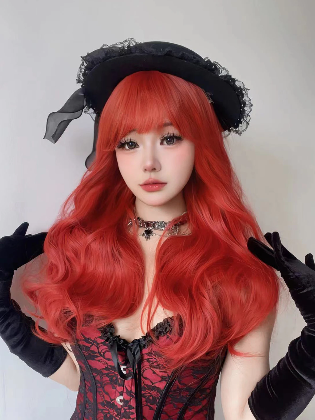 24Inch Red Color Lolita Wizard Synthetic Wigs With Bang Long Natural Wavy Hair Wig For Women Daily Cosplay Party Heat Resistant