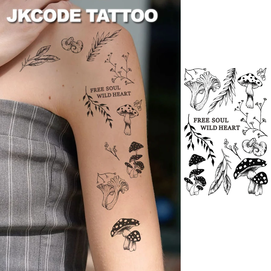Forest Mushroom Theme Tattoo MINIMAL TATTOO - Herbal Tattoo Stickers INS Style - Mushroom, Leaf, Branch, and Flower Pattern Tattoo - Cute Tattoo Fashion Accessory for Girls - Women's Finger, Hand, and Neck Tattoo - Long-lasting and Waterproof for 15 Days